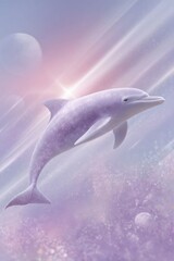 Obraz premium dolphin swimming in the cosmos, surrounded by glowing celestial and shimmering light rays.