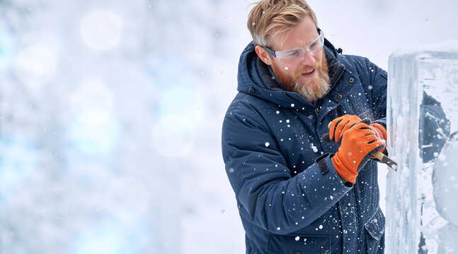 Bearded male ice sculptor carving a block of ice with a chisel. Artist creating a frozen sculpture outdoors in winter