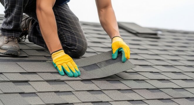 A person wearing gloves is installing shingles on a roof