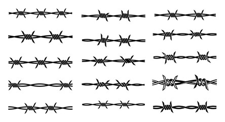 Collection of Black Barbed Wire Isolated White Background fence security