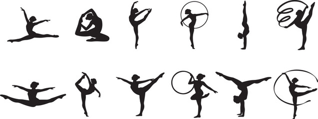 Set of rhythmic gymnastics silhouettes. Vector illustration of gymnast girls dancing with ribbon and hoop isolated on  transparent background . © PrimeVisuals