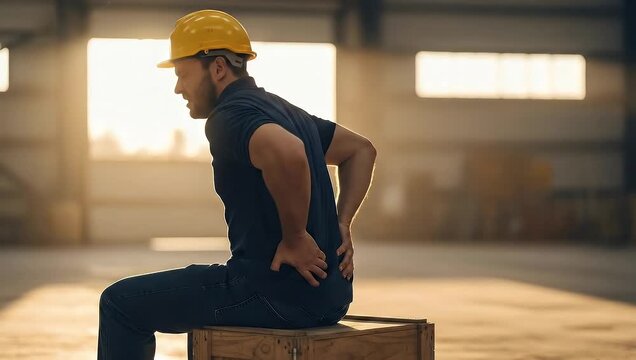 Construction worker holding painful lower back while resting on wooden box inside factory building