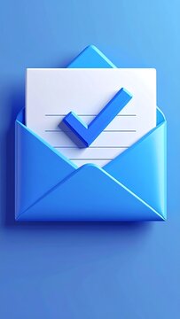 Stylized 3D render of a blue envelope with check mark & letter, on a blue background