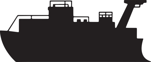 Large commercial fishing vessel vector silhouette isolated on transparent background sea transport ship