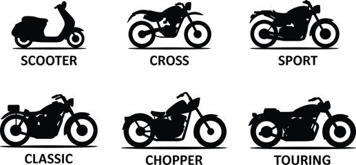Motorcycle types silhouette set, scooter cross sport classic chopper touring bikes collection, black vector illustration isolated on white background for transport design © Md
