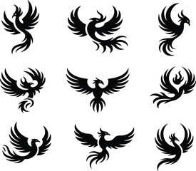 Set of nine phoenix bird silhouettes, mythical fire phoenix vector icons, black tribal tattoo style, isolated on white background for digital design use