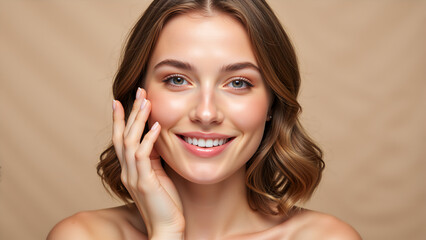 Close up beauty portrait of a smiling woman with clean skin. Young female touching face for skincare concept. Natural makeup and healthy glow