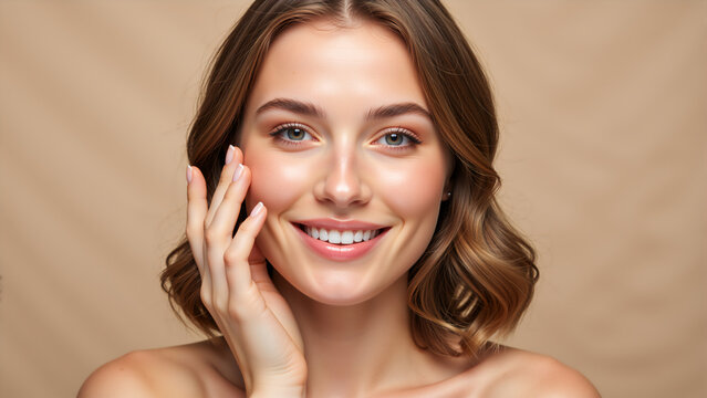 Close up beauty portrait of a smiling woman with clean skin. Young female touching face for skincare concept. Natural makeup and healthy glow
