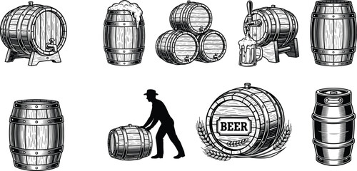 Beer barrels collection vector illustration, wooden casks engraving set, brewery storage containers, vintage alcohol production design, rustic drink graphics © MDRAKIB