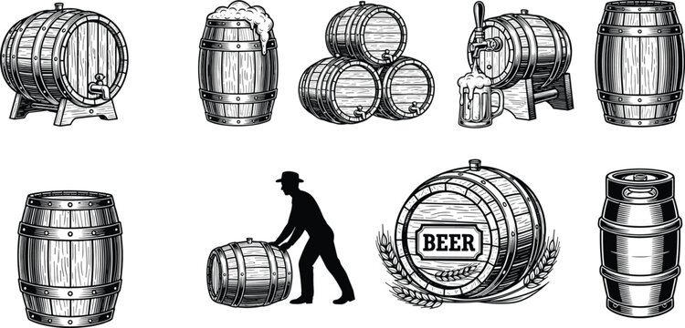 Beer barrels collection vector illustration, wooden casks engraving set, brewery storage containers, vintage alcohol production design, rustic drink graphics