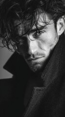 Fototapeta premium Dramatic black and white portrait of handsome man with intense gaze, tousled hair, light stubble, expressive eyebrows, strong jawline, wearing dark textured coat with moody studio lighting.