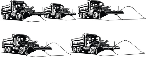 Snow plow truck silhouette set, dump truck clearing snow, winter road maintenance illustration isolated vector © Emon
