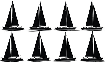 Sailboat silhouette set, yacht sailing icon collection, nautical boat illustration isolated on white background © Emon
