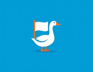 Stylized white goose holds a white flag on a blue background, orange beak and feet