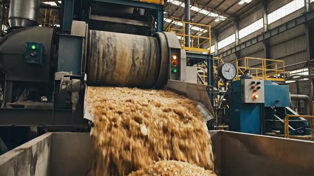 Industrial Sugar Cane Processing Plant with Steam and Machinery.