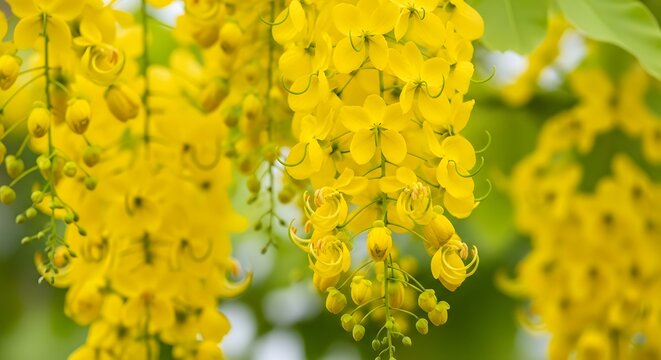 Vibrant yellow Golden Shower (Cassia fistula) flowers hanging in tropical spring