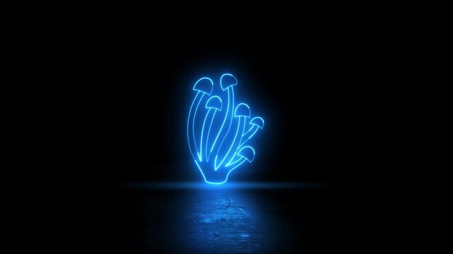 Neon glowing mushroom icon 4k video animation on black background. Mushroom grow in the forest sign.Glowing neon pink color psilocybin mushroom icon animation. 4K Video motion animation.