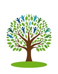 Fototapeta premium Stylized tree brown trunk, green leaves with colored human silhouettes, green base. Symbolizes community or growth