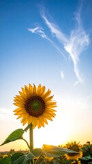 Sunflower blooms beneath a bright blue sky with wispy clouds at sunset