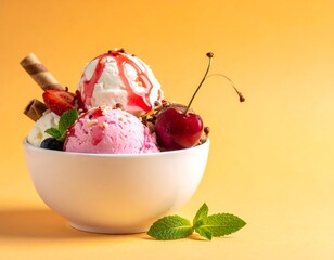Sundae in white bowl with ice cream, fruit, wafer sticks, and cherry on orange background