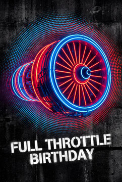 Neon jet engine graphic for a full throttle birthday card