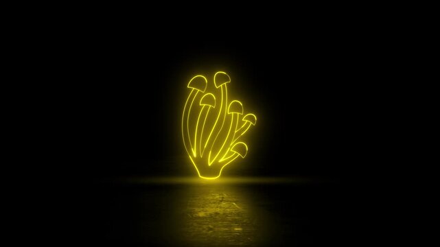 Neon glowing mushroom icon 4k video animation on black background. Mushroom grow in the forest sign.Glowing neon pink color psilocybin mushroom icon animation. 4K Video motion animation.