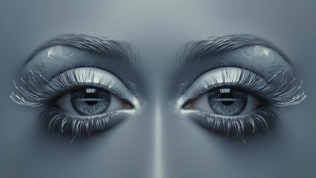 Close-Up of a Woman's Eyes Opening and Closing With Intense Blue Iris and Dramatic Eyelashes