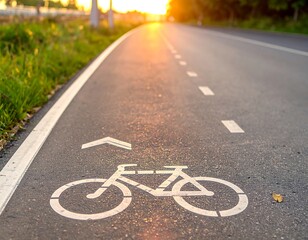 Sunny asphalt path with bicycle symbol. Lines and grass. Golden hour lighting, soft focus
