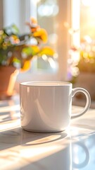 Sunlit white mug of coffee on a marble surface near a window