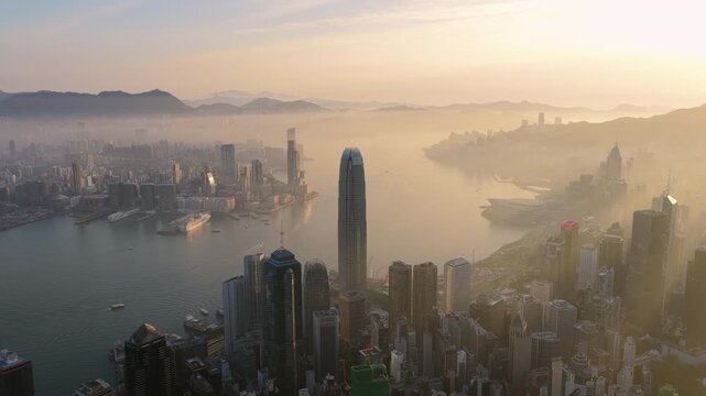 Hong Kong Island Golden Hour Aerial Mist
