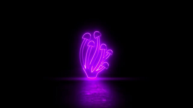 Neon glowing mushroom icon 4k video animation on black background. Mushroom grow in the forest sign.Glowing neon pink color psilocybin mushroom icon animation. 4K Video motion animation.