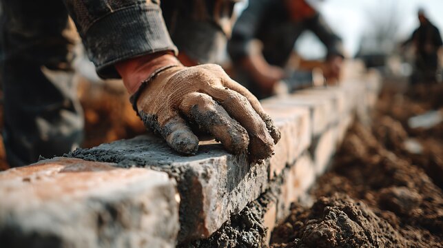 Construction Worker Laying Bricks.