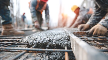 Naklejka premium Construction Workers Pouring Concrete Foundation.