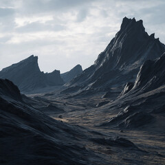 Fototapeta premium Rugged Mountain Vista: A striking, monochromatic panorama of jagged mountain peaks and valleys unfolds under a dramatic, overcast sky, showcasing the raw, untamed beauty of the wilderness. 