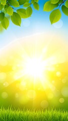 Sunny landscape with glowing light, green foliage, and grass against a blue sky