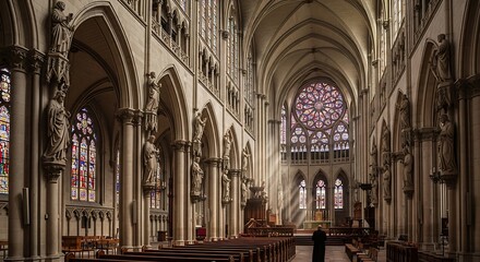 Obraz premium Grand Gothic Cathedral Interior with Stained Glass.