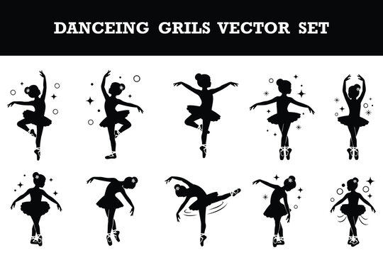 Cute dancing grils vector set featuring various ballet poses and movements isolated collection