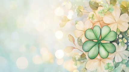 Obraz premium Beautiful arrangement of green and beige clovers, including four leaf clover, symbolizing Saint Patrick Day with soft bokeh