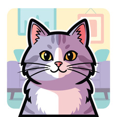 Obraz premium A whimsical cartoon cat sits on a couch in a living room with vibrant decor and furniture, viewed from the front, inspired by gambarku.