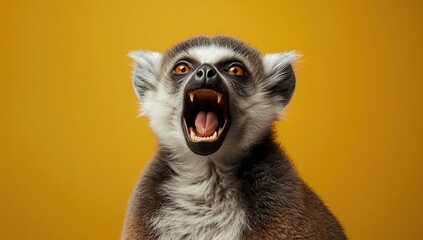 Obraz premium Close-up of an aggressive lemur with an open mouth, showcasing sharp teeth against a vibrant yellow background