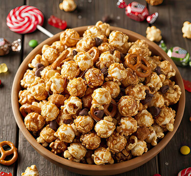 Delicious caramel popcorn mix with pretzels and chocolate