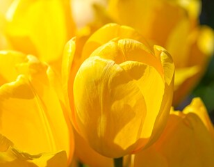 Sunny yellow tulips with soft light revealing delicate petal details, captured in close-up