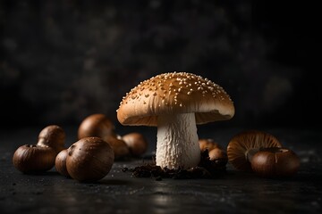 Organic mushroom nutrition concept, contrast shot, dark moody background
