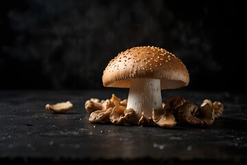 Organic mushroom nutrition concept, contrast shot, dark moody background
