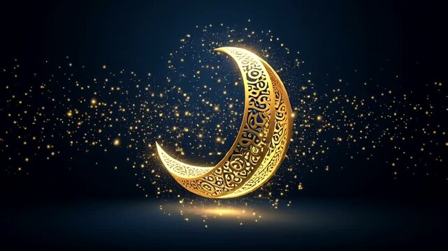 Golden Crescent Moon with Stars Night Sky.