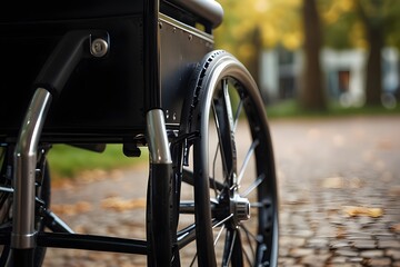 Wheelchair care concept, close-up wheel detail, soft bokeh background
