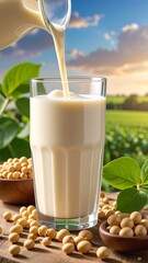 Soy milk being poured into a glass, beside soybeans in a rural field at sunset