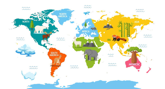 Colorful illustrated world map with various landmarks and icons.