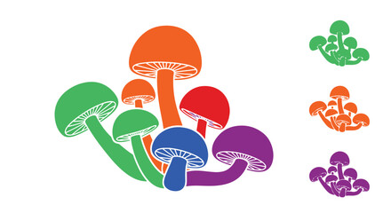 Vibrant Cluster of Stylized Fungi in Multiple Bright Colors a Playful Natural Grouping for Decorative Design © Afi