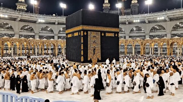 Pilgrims circumambulating the Kaaba at the Grand Mosque in Mecca during Hajj.